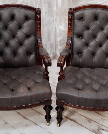 Magnificent Pair of Victorian Mahogany & Leather Button Back Library Chairs (SOLD)
