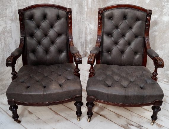 Magnificent Pair of Victorian Mahogany & Leather Button Back Library Chairs (SOLD)