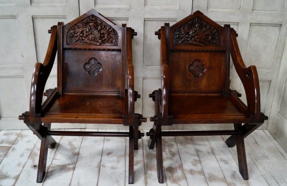 Pair Of Antique Gothic Oak Glastonbury Chairs