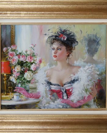 Konstantin Razumov Oil On Canvas Lady in a Cafe With Feather Boa