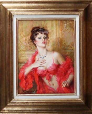 Konstantin Razumov Oil On Canvas Lady Wearing Red Lingerie